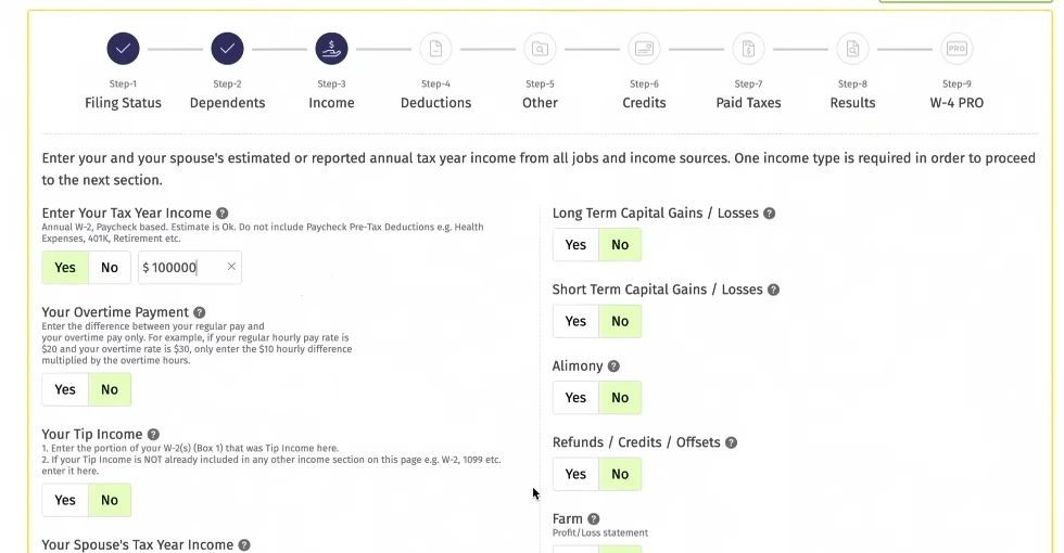 Screenshot showing the “Income Details” section of the 2025 Federal Income Tax Estimator.