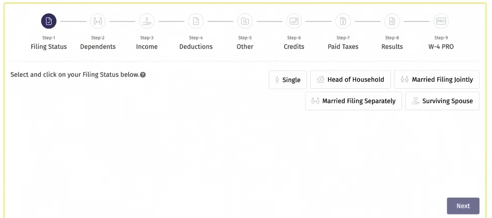 User selecting filing status options like Single, Married, or Head of Household in the 2025 federal tax calculator.