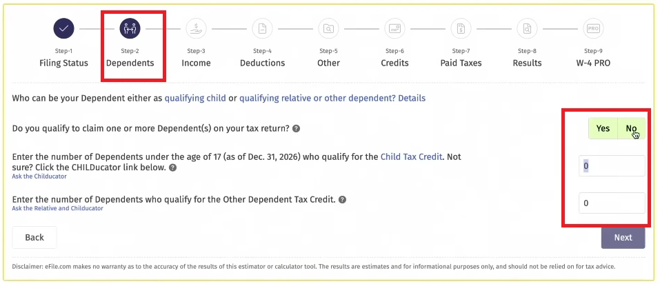 Screenshot showing the “Dependents” section for Child Tax Credit and Other Dependent Credit in the 2025 Federal Income Tax Estimator.