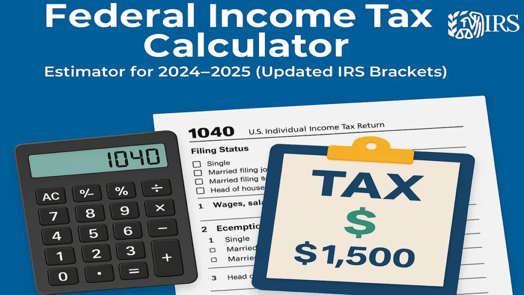 Federal Income Tax Calculator 2025 with IRS logo, calculator showing 1040, and tax form for estimating refund and total federal tax.