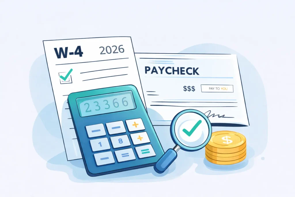 W-4 calculator 2026 with paycheck, calculator, and tax form illustration