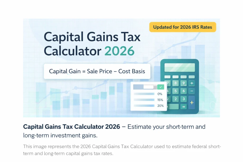 Capital Gains Tax Calculator 2026 showing how to calculate short term and long term capital gains tax