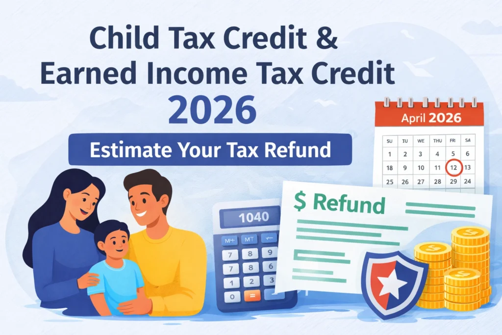 Child Tax Credit and Earned Income Tax Credit 2026 calculator showing tax refund estimate for a family
