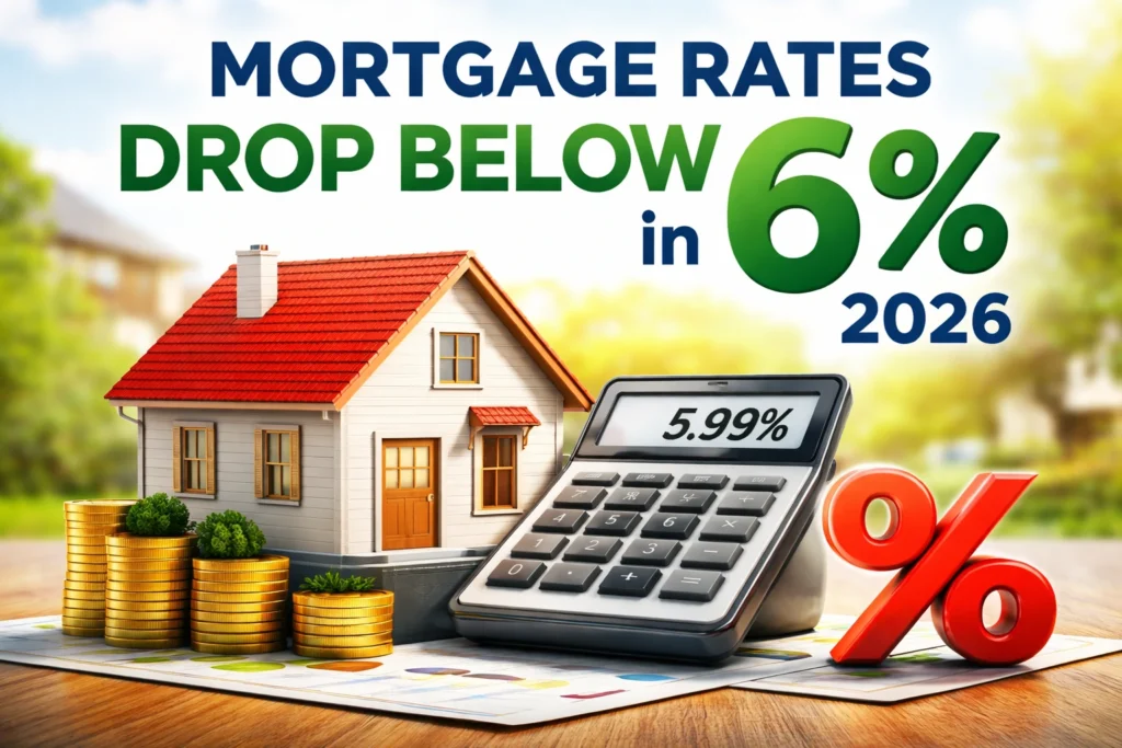 Mortgage rates below 6 percent in 2026 with house and calculator illustration