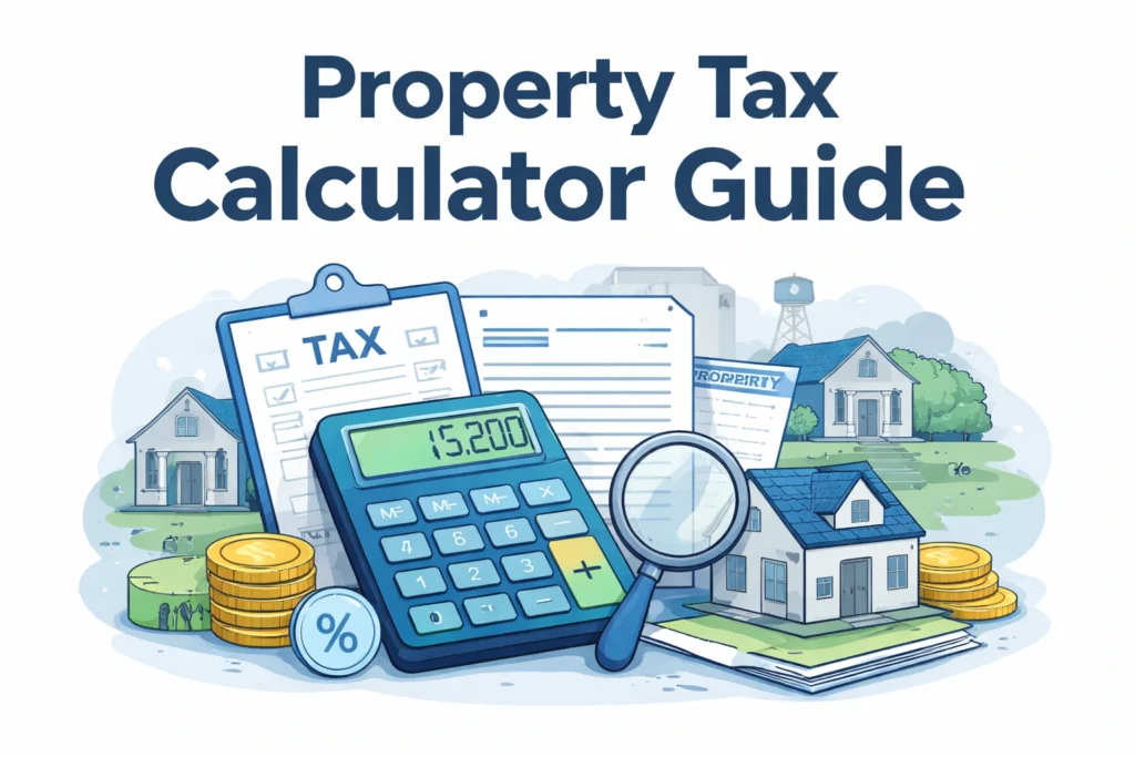 Property tax calculator illustration showing house value, tax forms, and calculator used to estimate annual property taxes in the United States