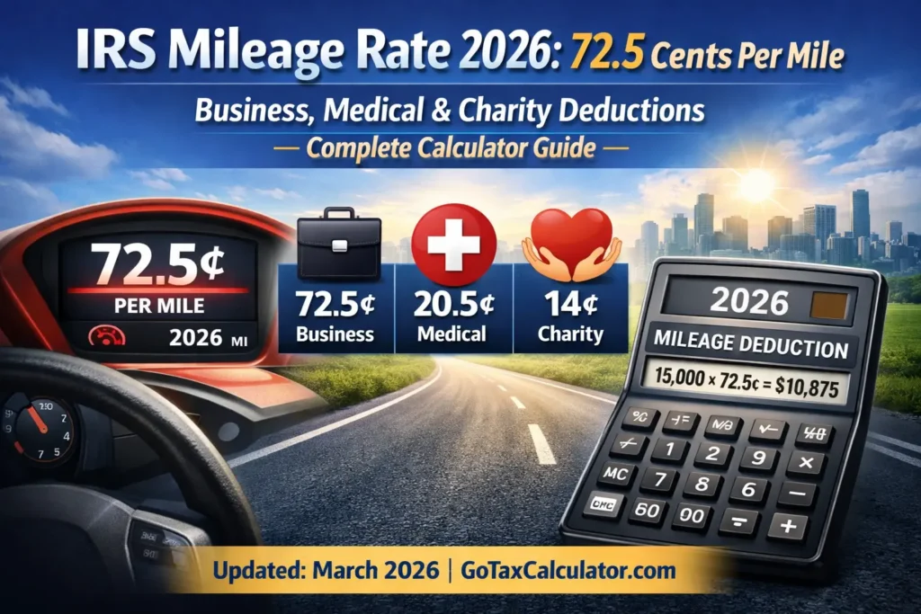 Alt Text IRS mileage rate 2026 showing 72.5 cents per mile for business use calculator